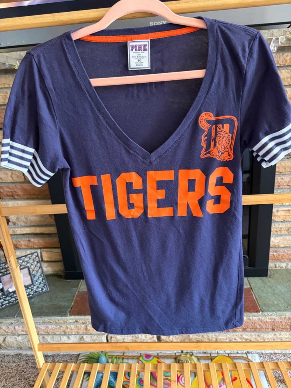 PINK Victoria's Secret Navy & Orange TIGERS V-Neck Tee